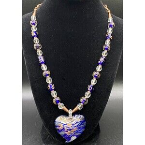 Handmade Blue Copper Silver Foil Glass Heart & Glass Bead Necklace by Neanie-Bot